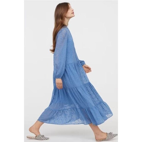 H&M Maxi Dress Blue Embroidered Tiered Cuff Sleeves Slip Lining Size 6 - Picture 2 of 8